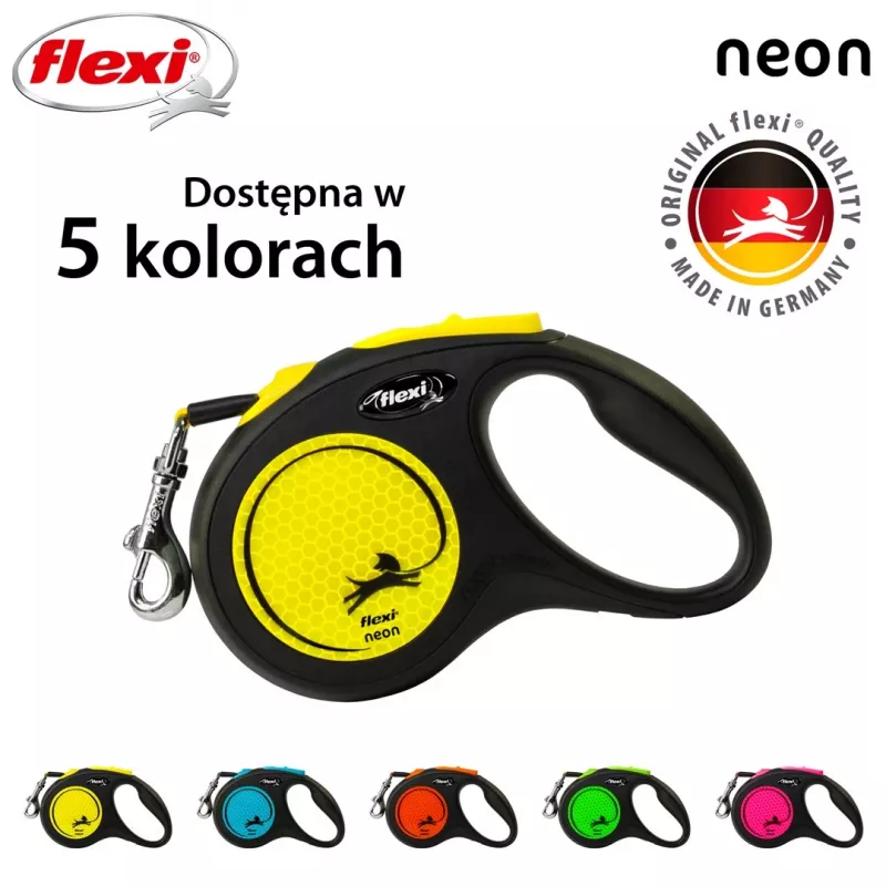 Automatyczna smycz Flexi New NEON 5 m – smycz taśmowa, dla małych psów do 15 kg, czarno-żółta