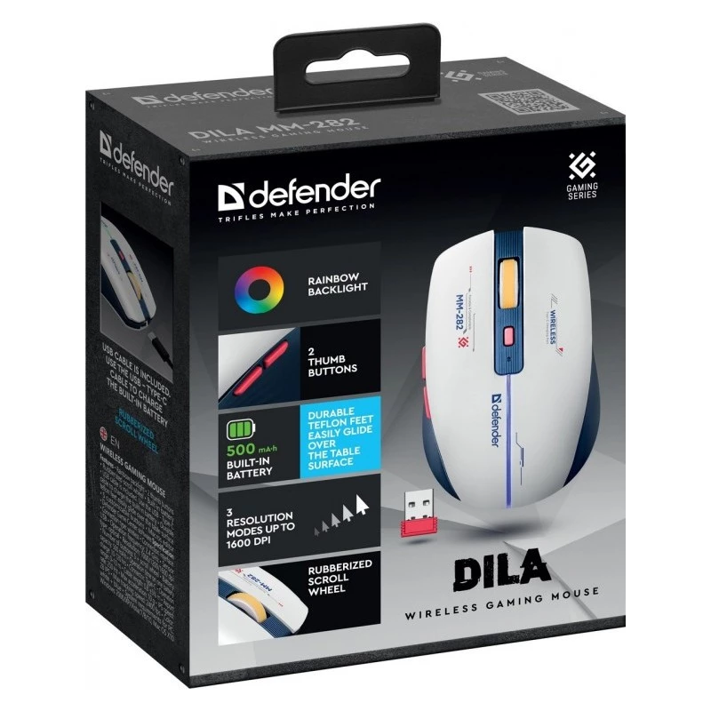 Bezprzewodowa mysz gamingowa DEFENDER MM-282 RF — symetryczna, optyczna 1800 DPI, 5 przycisków, USB, zasilana bateriami