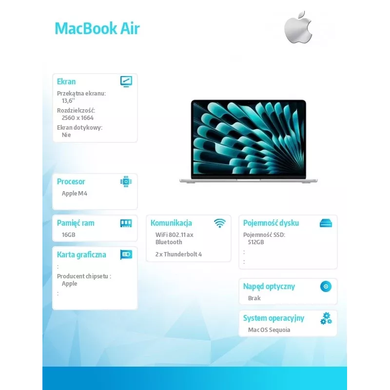 MacBook Air 13,6 cala: M4 10/10, 16 GB, 512 GB SSD, 35 W, GER - Srebrny