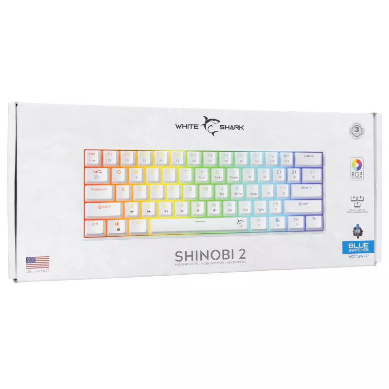 Przewodowa klawiatura mechaniczna White Shark Shinobi-2 (GK-004221) — niebieskie przełączniki, biała, układ US