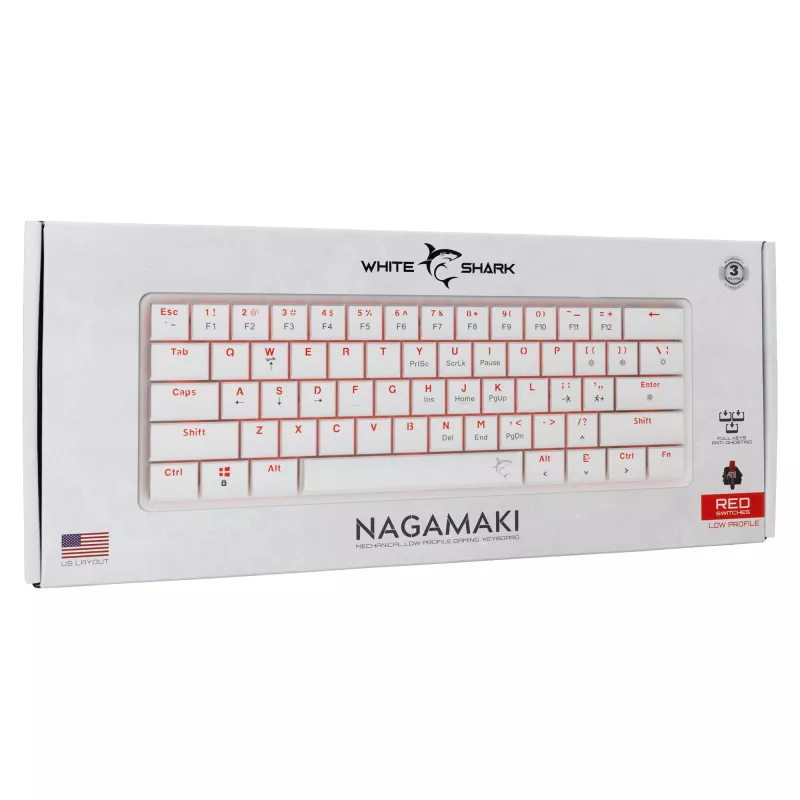 Klawiatura mechaniczna White Shark Nagamaki GK-006211 — kompaktowy układ, czerwone przełączniki mechaniczne, biała obudowa