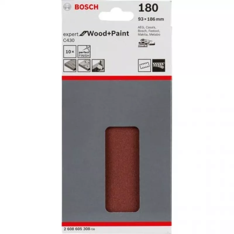 Bosch C430 Expert do drewna i farb, arkusz ścierny, drobne ziarno, P180, żywica syntetyczna, prace wykończeniowe, usuwanie farby, farba, drewno