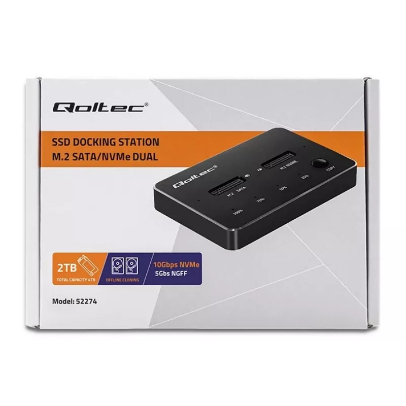 Qoltec 52274 Stacja dokująca do dysków M.2 SSD | NVMe | SATA | USB-C | DUAL 2 x 2TB