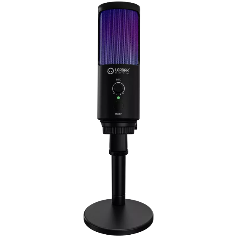 LORGAR SMP40, Mikrofon RGB z zewnętrznym przyciskiem wyciszenia i metalowym statywem, Czarny