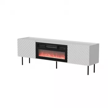 Szafka RTV cama meble LUCCA 180x40x59 cm, blat i rama w kolorze białym, czarny kominek elektryczny