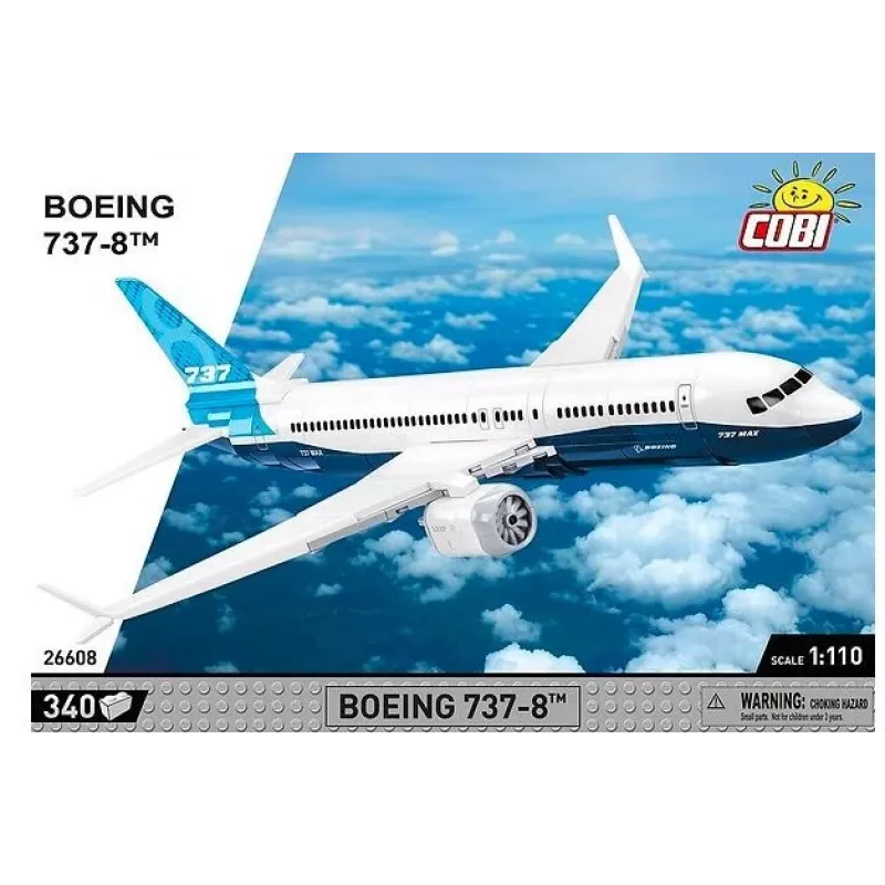 Zestaw konstrukcyjny Cobi Boeing 737-8 — 340 elementów, zalecany wiek 7+, niebieski i biały