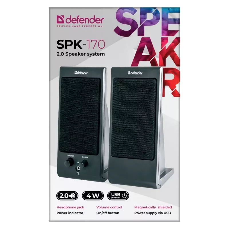 Głośniki biurkowe / podstawkowe DEFENDER SPK-170 2.0, 4 W RMS, przewodowe USB 5 V, 3,5 mm, czarne