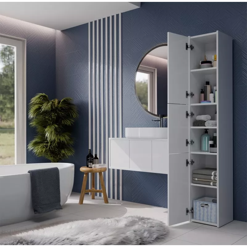 Szafka łazienkowa stojąca top e shop S33 BIEL — wolnostojąca, biała, 6 półek, 300×300×1700 mm