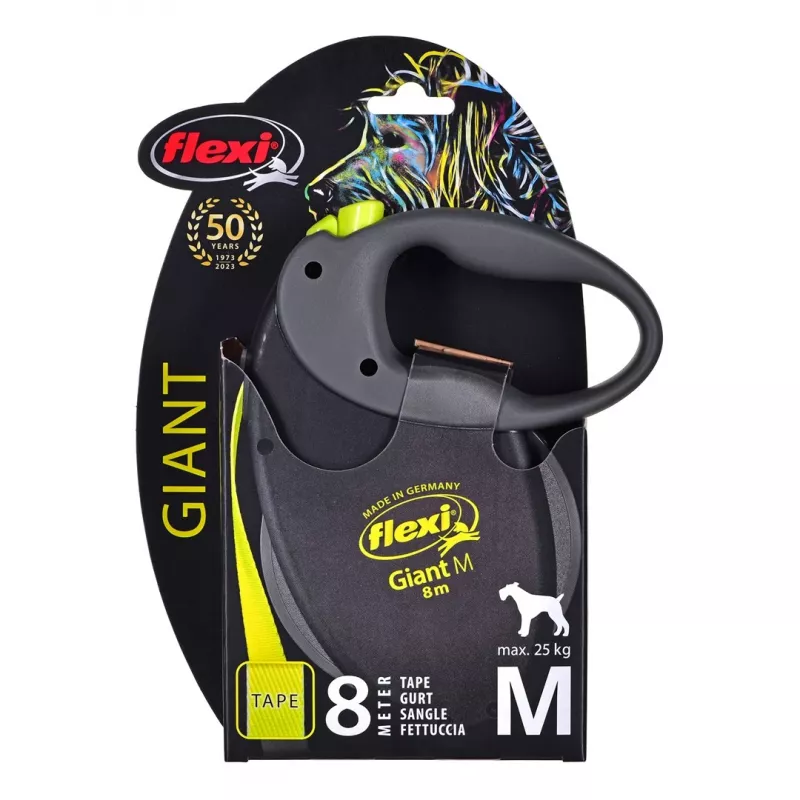 Smycz automatyczna Flexi NEON GIANT M — smycz taśmowa 8 m, maks. obciążenie 25 kg, ergonomiczny uchwyt, czarno-żółta