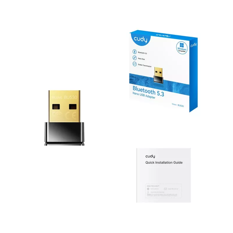 Adapter Bluetooth Cudy BU530 USB Typ-A, Czarny, Wyjście Bluetooth, Obsługa Windows 8.1