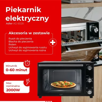 Piekarnik elektryczny Adler AD 6028 — 60 l, 2000 W, wolnostojący, sterowanie pokrętłami, rożen, maks. 230°C, czarny