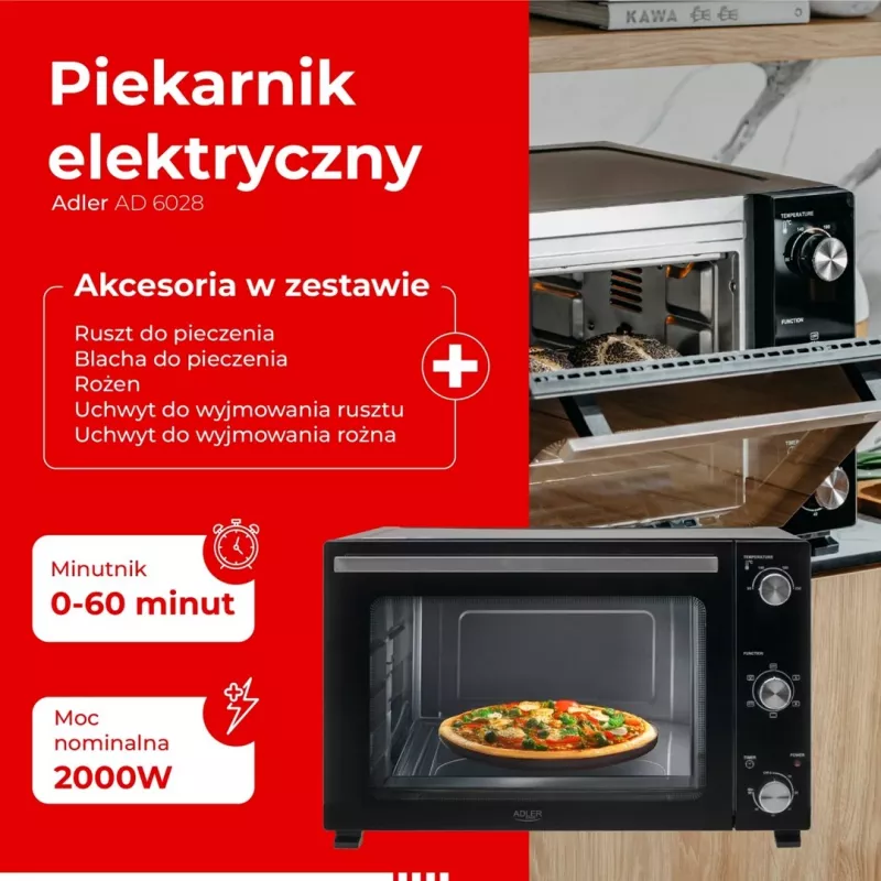 Piekarnik elektryczny Adler AD 6028 — 60 l, 2000 W, wolnostojący, sterowanie pokrętłami, rożen, maks. 230°C, czarny
