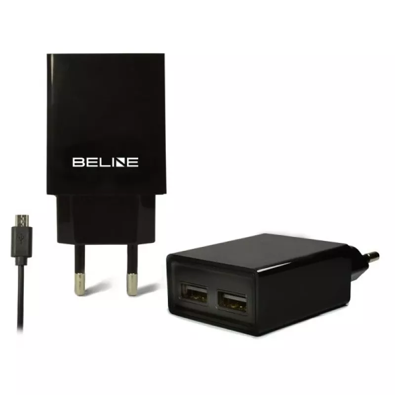 Ładowarka podróżna Beline Beli0011 — 2× porty USB, kabel microUSB, wyjście 2 A, czarna