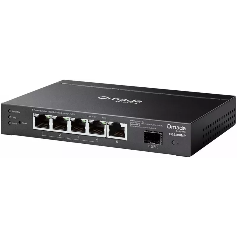 Przełącznik sieciowy TP‑LINK SG2206MP L2 Gigabit Ethernet PoE 5‑portowy (5x Gigabit, 1x SFP, PoE+ 4 porty, budżet 63W)