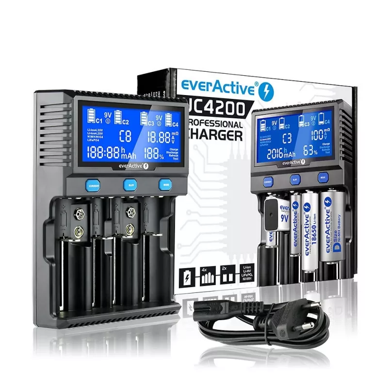 everActive UC-4200 Uniwersalna ładowarka sieciowa AC 12V 3A, obsługuje AA/AAA/C/9V, 4 ogniwa, czarna, wbudowany wyświetlacz