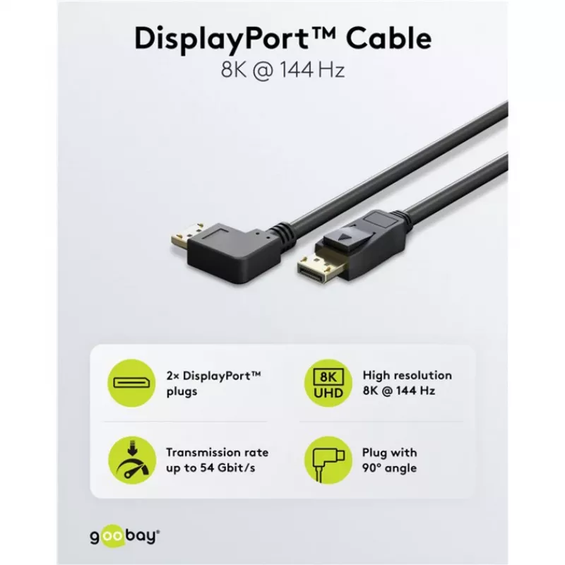 kabel DisplayPort Plug 90° > DisplayPort Plug, 8K / 144Hz (czarny, 2 Meter, 1 Plug 90° bocznie kątowany, 54 Gbit/s, DisplayPort 2.0 / 2.1)