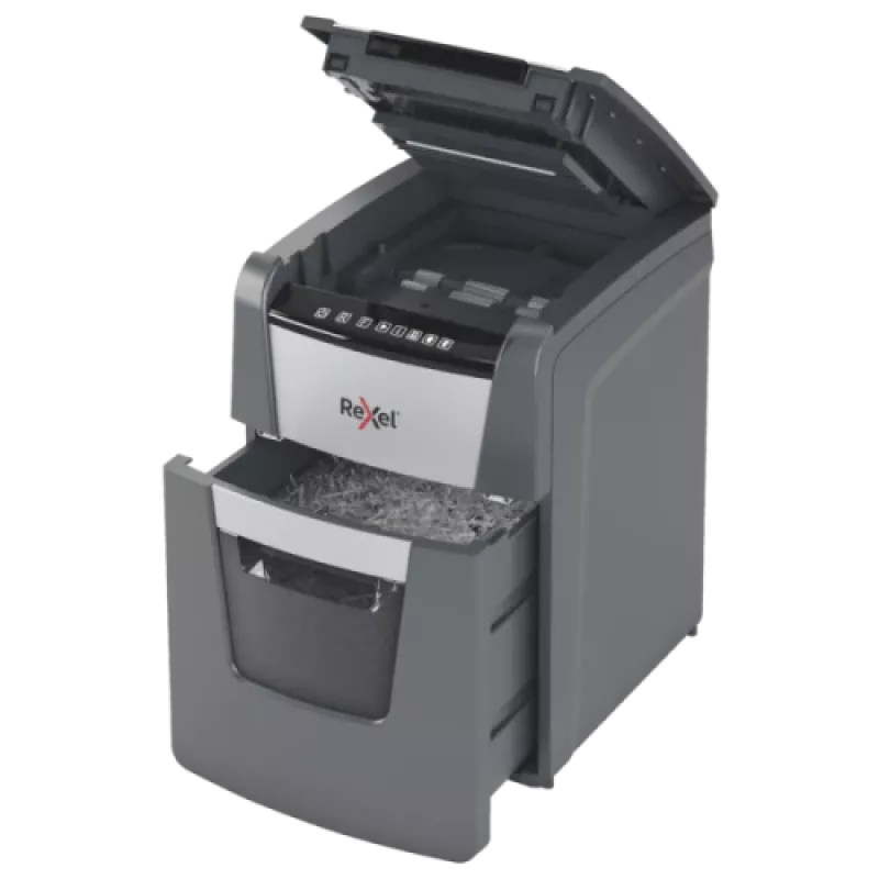 Niszczarka do papieru REXEL Optimum AutoFeed+ 100X — automatyczne podawanie 100 arkuszy, cięcie krzyżowe 4 x 28 mm, kosz 34 L, aluminium
