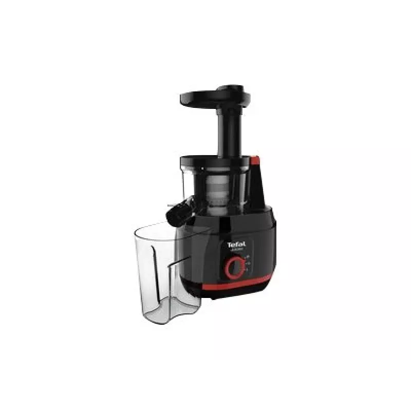 Wolnoobrotowa wyciskarka do soków Tefal Juiceo ZC150 — 150 W, otwór zasypowy 4,5 cm, pojemniki na sok i miąższ 0,8 L, 80 obr./min, czarno-czerwona