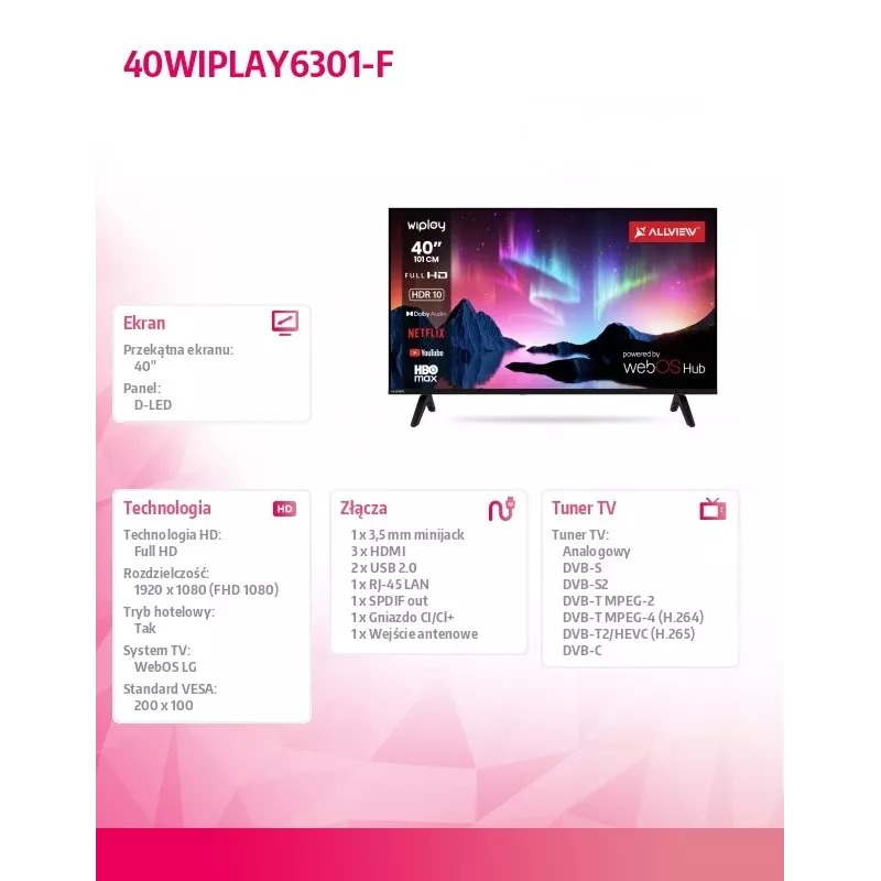 TV LED 40 cali 40WIPLAY6301-F