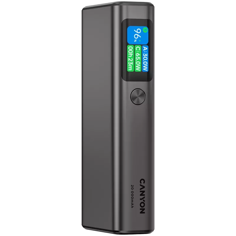 Canyon OnPower 230 TFT powerbank, 20000 mAh, PD 130 W, 2x USB-C + USB-A, metalowa obudowa, ciemnoszary