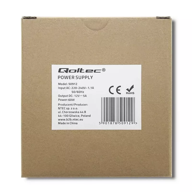 Zasilacz na szynę DIN Qoltec | 60 W | 12 V | 5 A | Biały | cienki