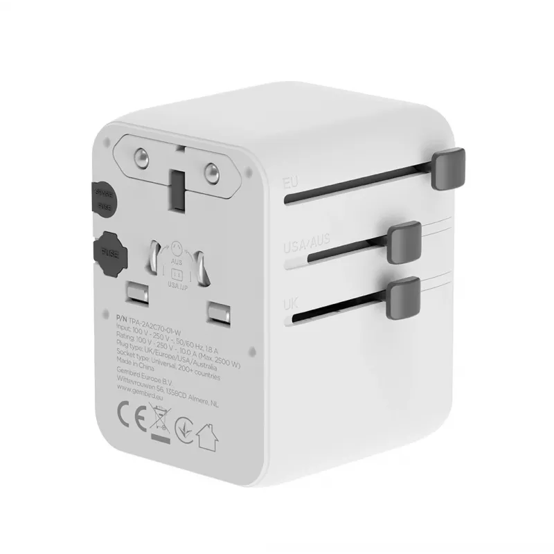 Adapter podróżny GEMBIRD TPA-2A3C70-01-W — wtyczka typu I, 3× USB-C (70W), 2× USB-A (18W), 100–250V, biały