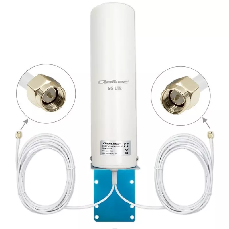 Zewnętrzna dookólna antena 4G LTE QOLTEC 57044, 5 dBi, 600–2700 MHz, 50 W, 50 Ω, obudowa z miedzi w kolorze białym