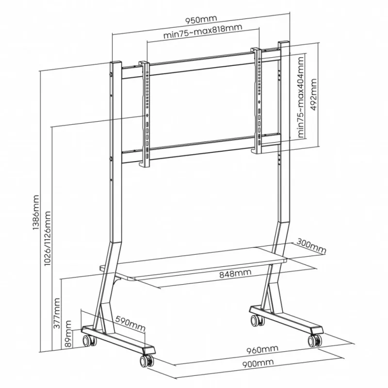 Mobilny stojak pod telewizor ART STO SD-22 do ekranów 45–90 cali, VESA 100×100–800×400, obciążenie 60 kg, stal, kółka jezdne