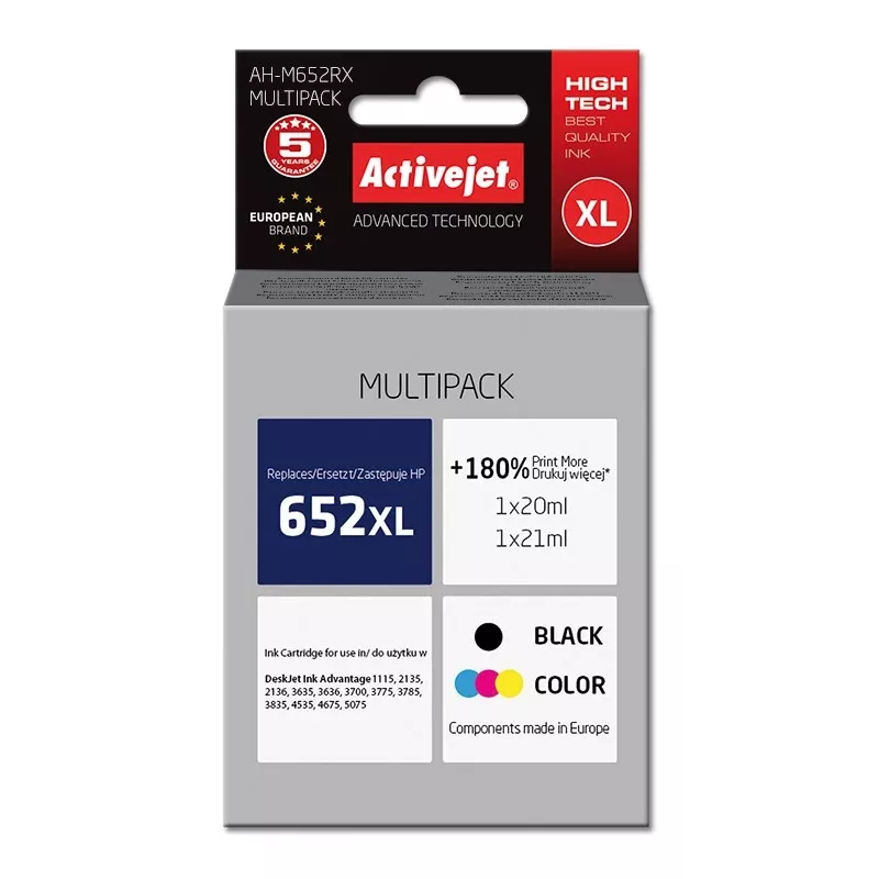 Activejet AH-M652RX tusz (zamiennik HP 652 F6V25AE/F6V24AE; Premium; 1 x 20 ml, 1 x 21 ml; czarny, kolorowy)