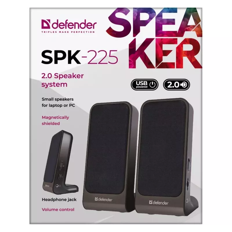 Głośniki przewodowe DEFENDER SPK-225 2.0, 4 W RMS, USB/DC 5 V, 3,5 mm, czarny