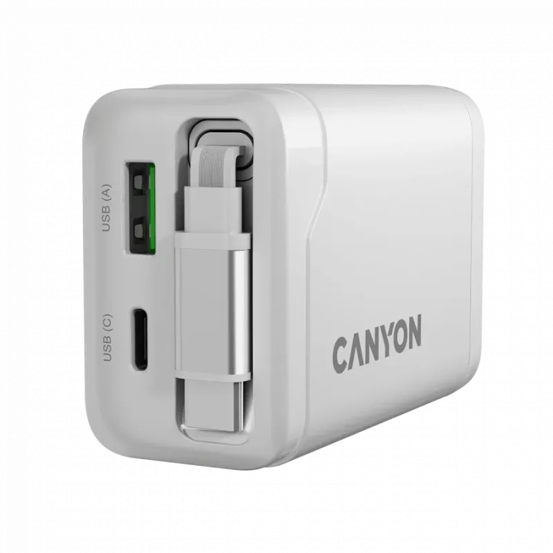 Ładowarka CANYON OnCharge 65RC z wbudowanym kablem USB-C 65W, 1x PD, 1x QC, wtyczka EU, biała