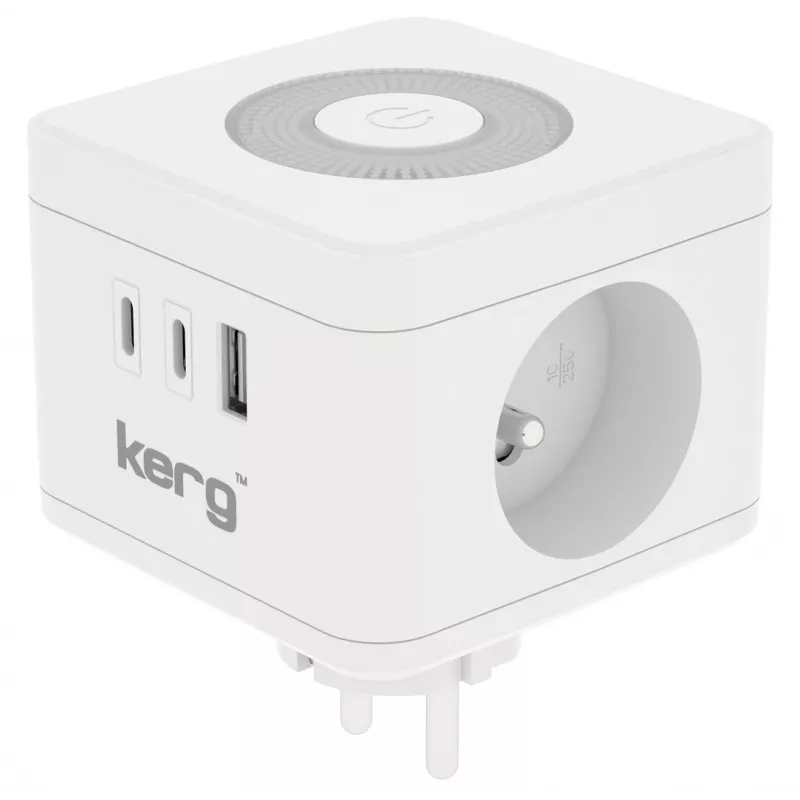 Listwa zasilająca Kerg M02730 — 2 gniazda typu F, 3 porty USB (USB-A + USB-C), 16 A 250 V~, kabel 1,5 m, biała