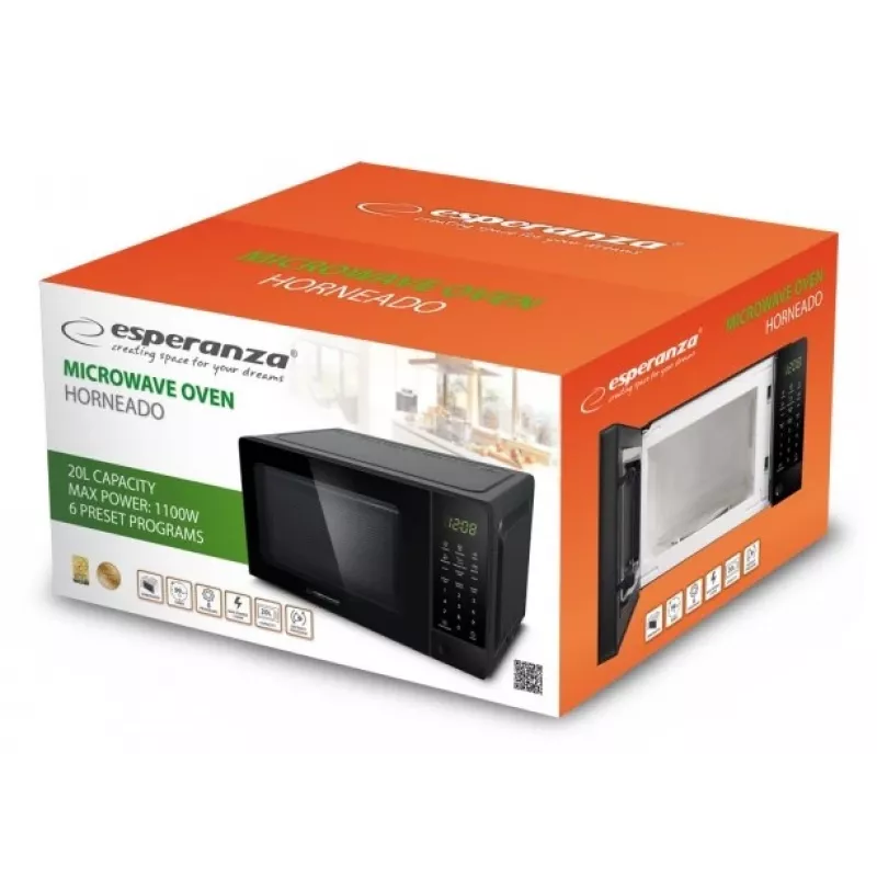 Kuchenka mikrofalowa solowa ESPERANZA EKO009 — 700 W, 20 L, wyświetlacz LED, sterowanie dotykowe, szklany talerz obrotowy 24,5 cm, czarna