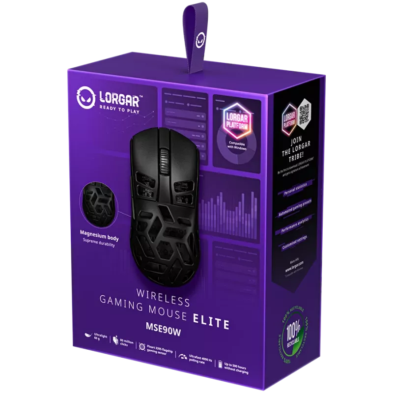 LORGAR MSE90W, Bezprzewodowa mysz gamingowa Elite ze stopu magnezu, czarna