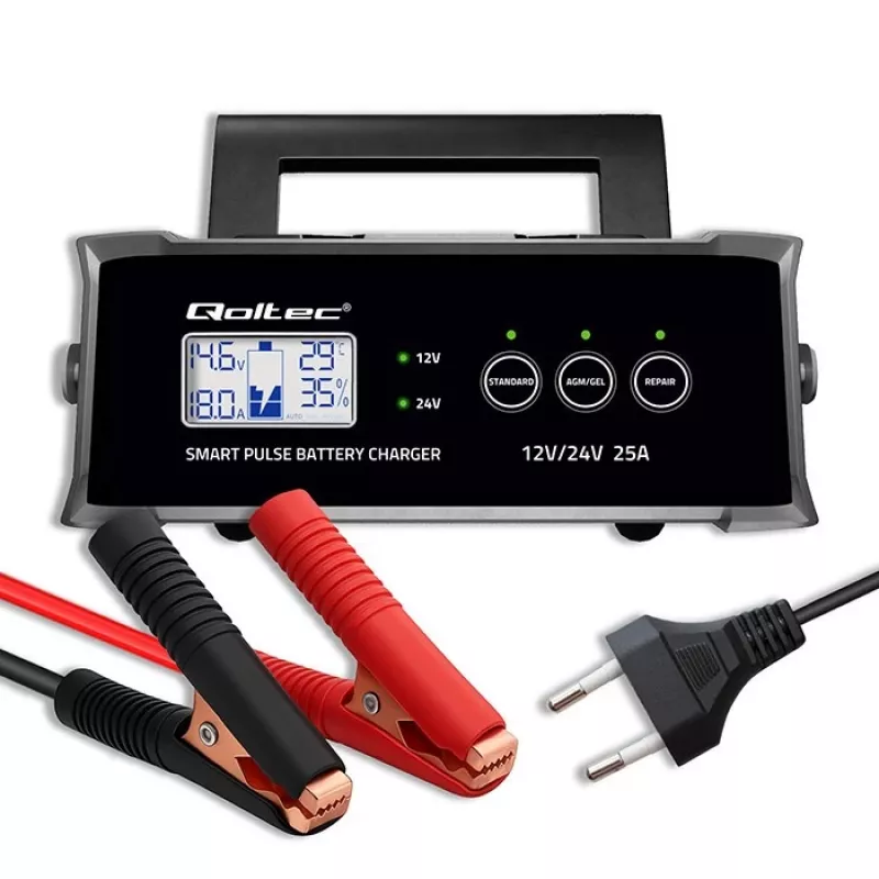Prostownik QOLTEC 52514 — 12 V/24 V, 25 A, do akumulatorów AGM/żelowych/SLA z wyświetlaczem LCD