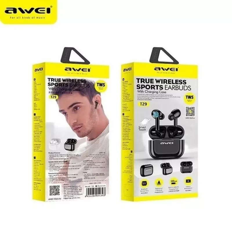 AWEI Bluetooth 5.0 T29 bezprzewodowe słuchawki TWS + stacja dokująca czarny/czarny