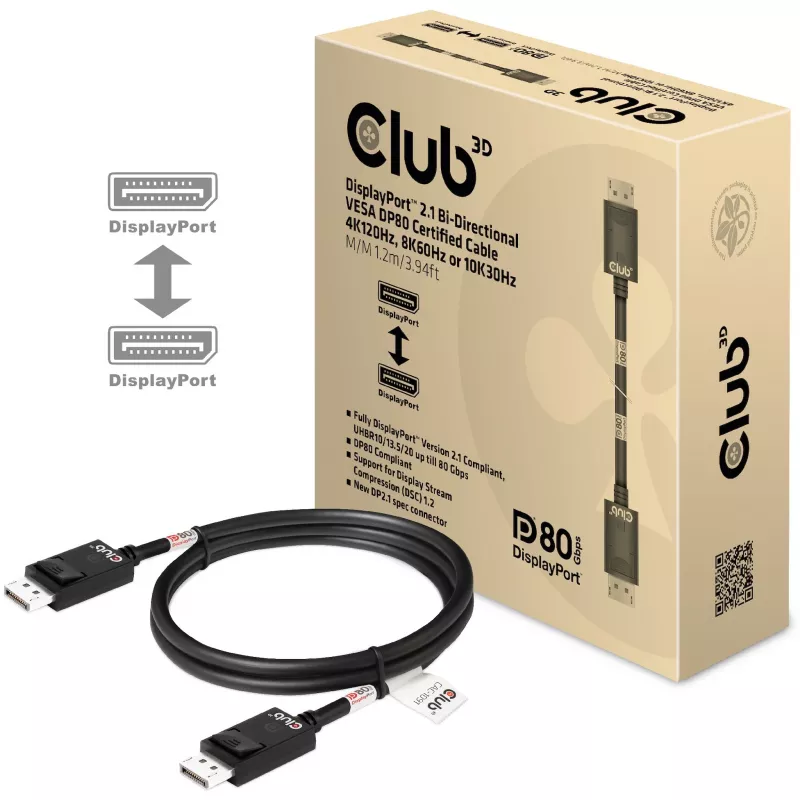 Kabel CLUB3D DisplayPort 2.1 Dwukierunkowy z certyfikatem VESA DP80 4K240Hz, 8K60Hz lub 10K30Hz M/M 1,2m/3,94ft