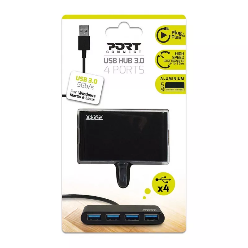 Hub USB Port Designs 900121 USB 3.2 Gen 1 Type-A 5000 Mbit/s Czarny