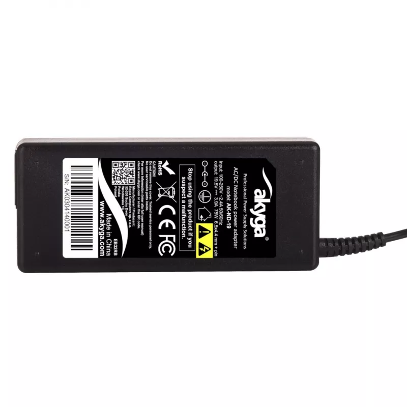 Zasilacz do laptopa Akyga AK-ND-19 — 75W, 19.5V, 3.9A, AC-DC, czarny