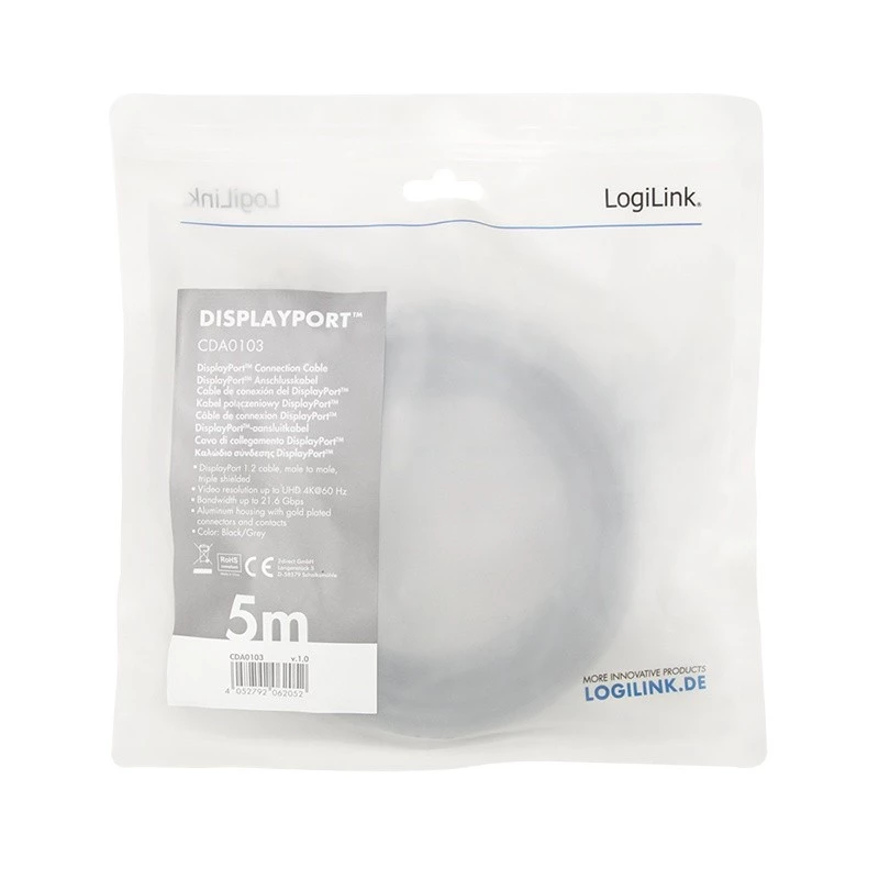 Logilink - DisplayPort-Kabel - DisplayPort (M) zu DisplayPort (M) - DisplayPort 1.2 - 5 m - Support von 4K 60 Hz, unterstützt 2K 165 Hz (2560 x 1440) 