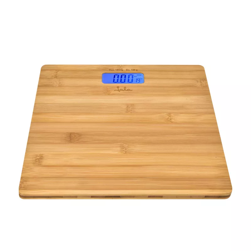 Elektroniczna waga osobista Jata HBAS1489 — maksymalne obciążenie 180 kg, dokładność 100 g, wyświetlacz LCD 10,2 cm, platforma bambusowa