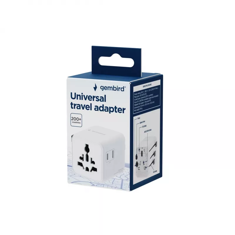 Uniwersalny podróżny adapter zasilania GEMBIRD TPA-INT-01-W — wejście 100–250 V, wtyk typu G, kompaktowe wymiary 84×56×85 mm