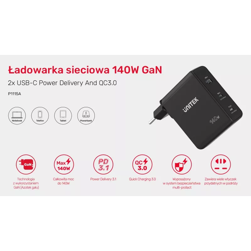 UNITEK P1115A ładowarka do urządzeń mobilnych Czarny