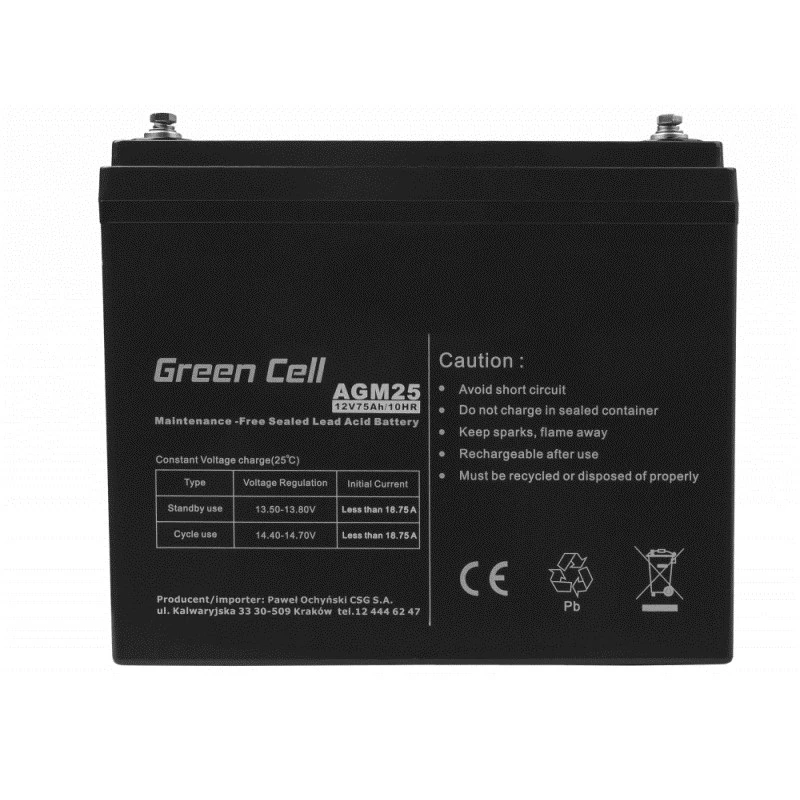 Akumulator UPS zielony Cell AGM25 12 V 75 Ah, VRLA, bezobsługowy, AGM, 12V, 75Ah, 21,3 kg
