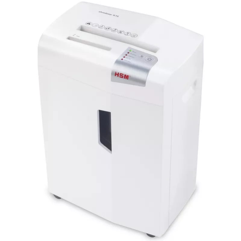 Papier niszczarka HSM X15, cięcie na cząsteczki P-4, 23 cm szerokość robocza, pojemność 16 arkuszy, pojemnik 26 l, srebrny