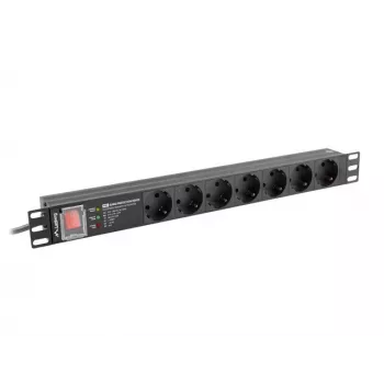 Listwa zasilająca LANBERG PDU-PRO-07F-0200-BK — listwa PDU 1U do szaf rack, 7 gniazd typu F, 16 A, kabel 2 m, czarna