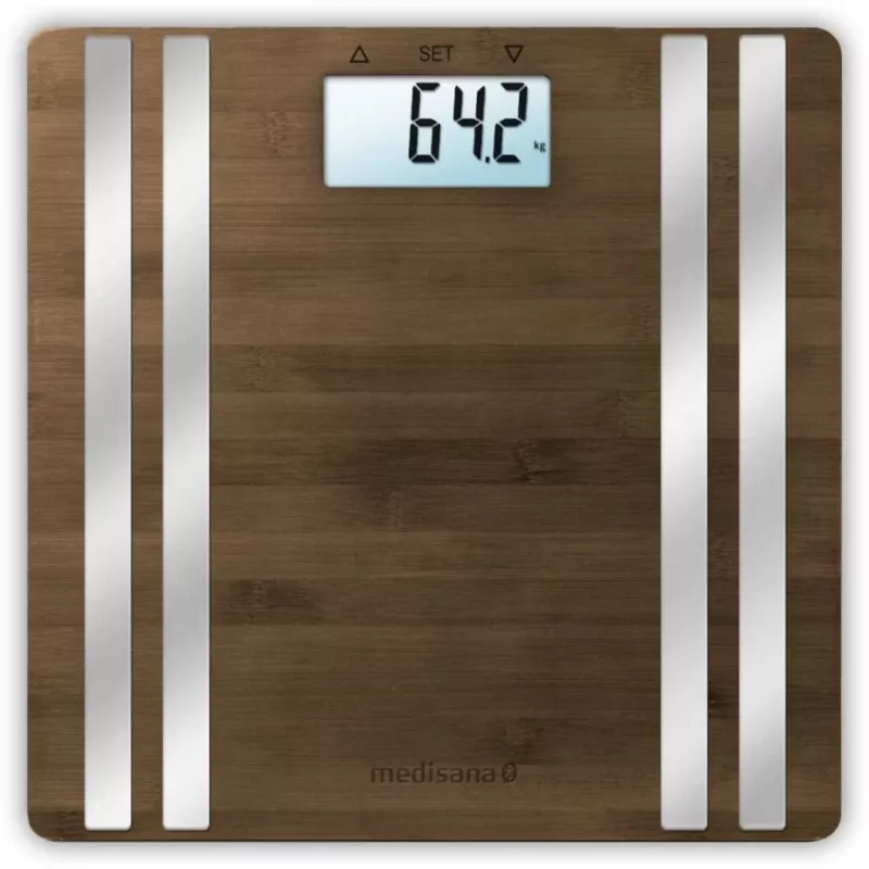 Elektroniczna waga osobista Medisana BS 552 — srebrna z bambusową platformą, maks. 180 kg, dokładność 100 g, Bluetooth, BMI, skład ciała