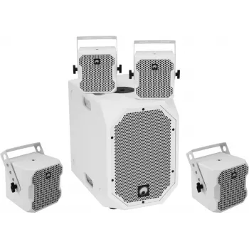 Zestaw głośników aktywnych Omnitronic BOB-10A ws z 4x BOB-4 ws — aktywny głośnik główny z czterema głośnikami satelitarnymi
