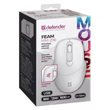 Mysz bezprzewodowa DEFENDER 52297 Silent Click — symetryczna, 2.4 GHz nano USB, 1600 DPI, biała