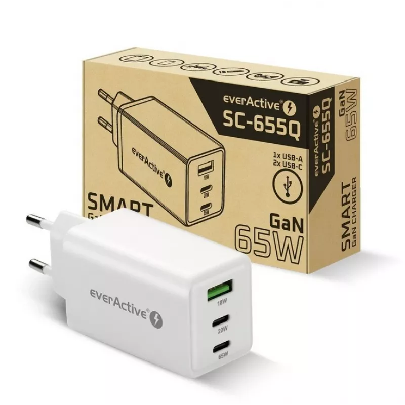 Ładowarka sieciowa everActive SQ-655Q 65W, 1×USB-A + 2×USB-C szybkie ładowanie
